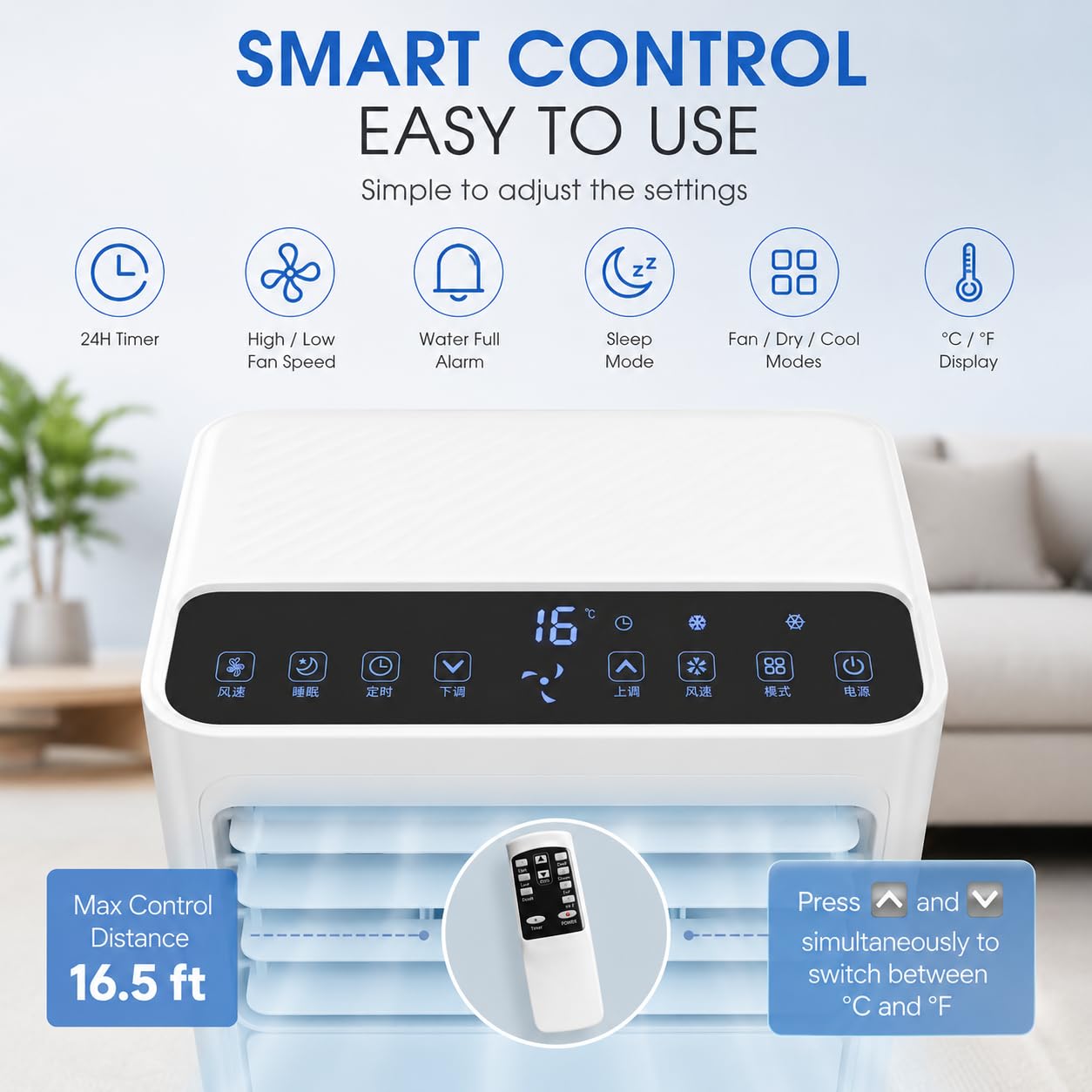 Klimatyzator Przenośny 9000 BTU 1000 W, Klimatyzacja Mobilna z Rurą Odprowadzającą, 2 Prędkości, Wyświetlacz Cyfrowy, Pilot, do Sypialni, Gabinetu i Małych Pomieszczeń, na co dzień