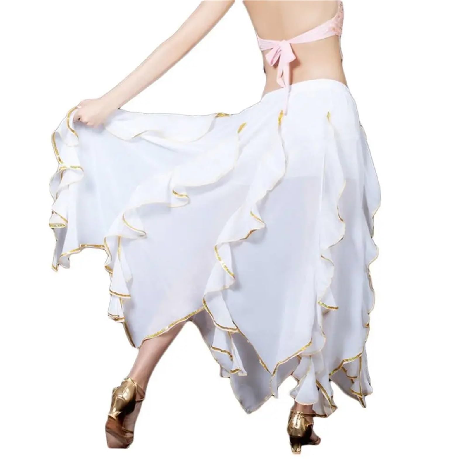 TRRYUIP Belly Dance Skirt Sparkling Belly Women Chiffon Shiny Tassels Long Dancing Skirt Show Costumes(White)