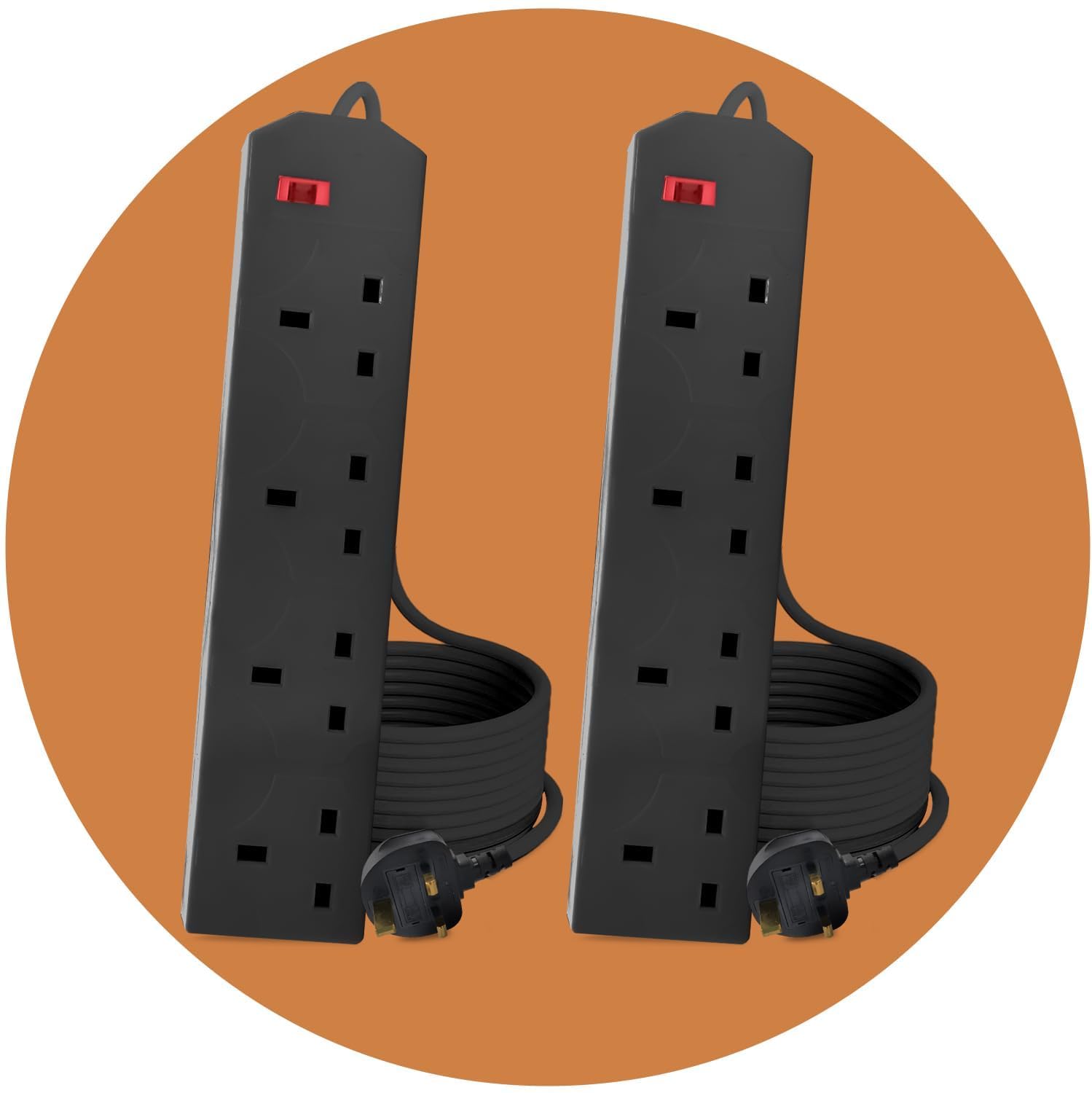 4 Gang 2 Metre Extension Lead UK Pin Plug And Cable | 250v Power Adapter Multi Plug Extension Socket Strip For Home And Office | Wall Mountable Extension Cable (Black - 2 Pack)