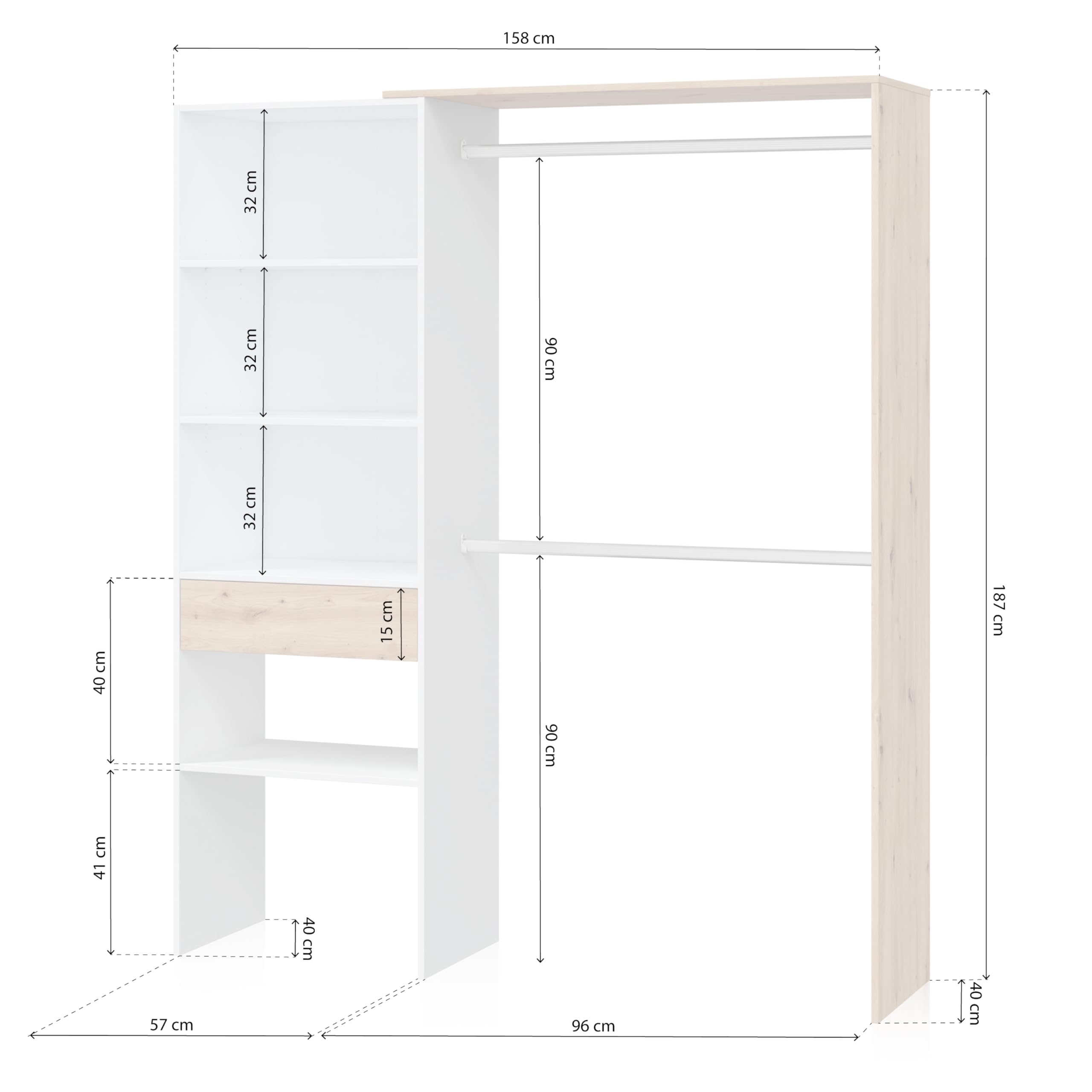 duehome | Armario Vestidor, Armario Abierto, Vestidor Reversible, Model Ezra, Acabado en Blanco Soft y Roble Nodi, Medidas: 158 cm (Largo) x 187 cm (Alto) x 40 cm (Fondo)