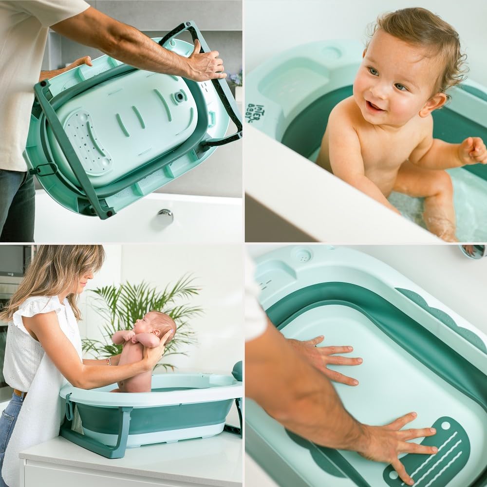 Składana wanna dla niemowląt Interbaby 80x47x21 cm | Składana wanna dla niemowląt z kubkiem do płukania, antypoślizgowa, szczelna nasadka | przenośna, łatwa do przechowywania, wygodna, niebieska