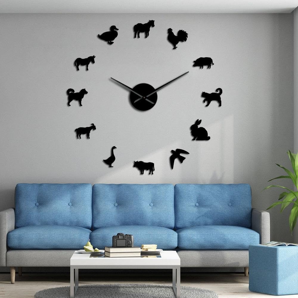 Farm Animals Nursery Acrylic Clock Kit for Wall Design,3D Frameless Wall Clock with Mirror Stickers for Living Room Decoration-B-37
