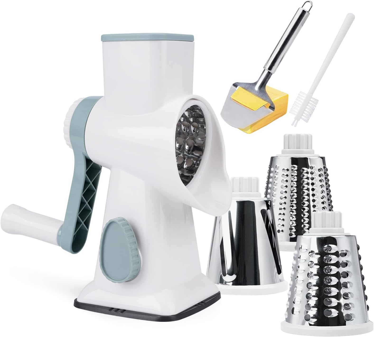 Cudebo Cheese Grater with Handle, Rotary Cheese Grater with 3 Interchangeable Blades, Manual Cheese Shredder with Strong Suction Base, Easy to Use and Clean, White