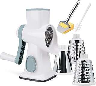 Cheese Grater with Handle, Rotary Cheese Grater with 3 Interchangeable Blades, Manual Cheese Shredder with Strong Suction Base, Easy to Use and Clean, White