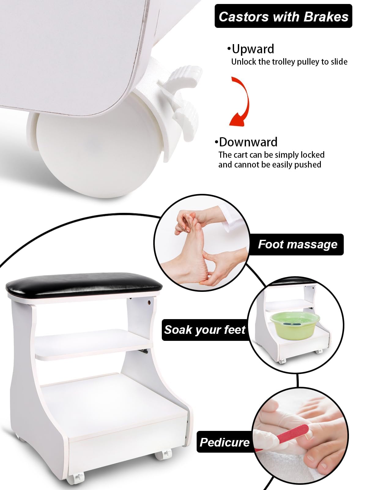 Kalolary Pedicure reposente, reposapiés de manicura con Ruedas PU Cuero para el hogar Belleza de la Belleza del reposapiés del pie de pie para Usar el salón del hogar (Negro Blanco)