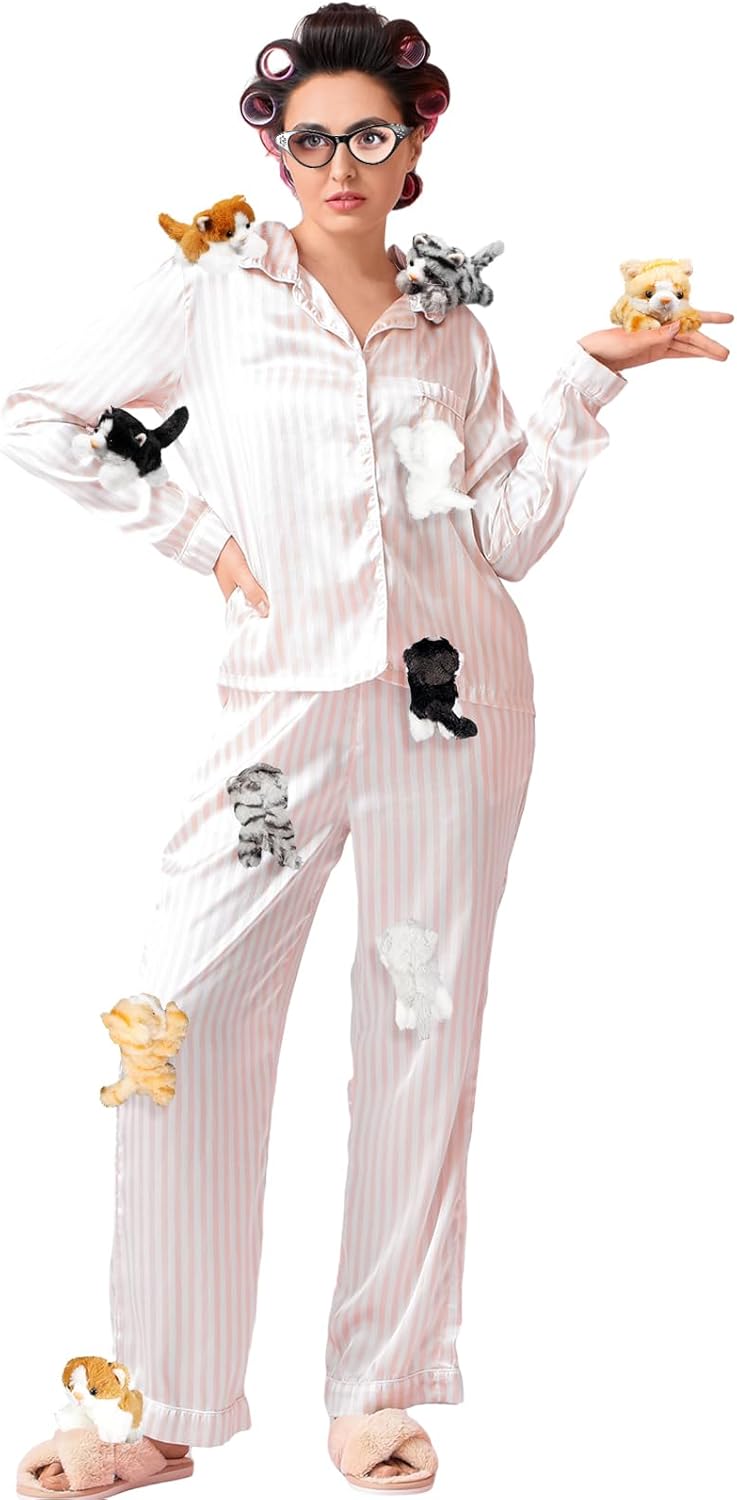 Libima 19 Pcs Halloween Women Costume Accessories Stuffed Cat Kitten Plush Pajamas Set Hair Rollers Curlers and Sunglasses