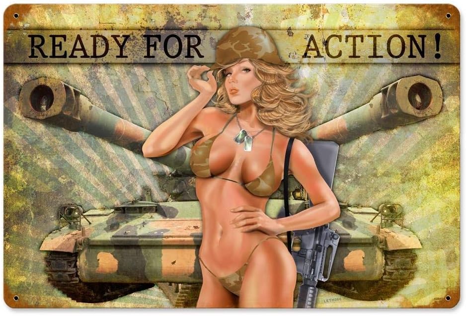 Ready for Action Pinup Girls Vintage Metal Sign - Victory Vintage Signs TIN Sign 7.8X11.8 INCH