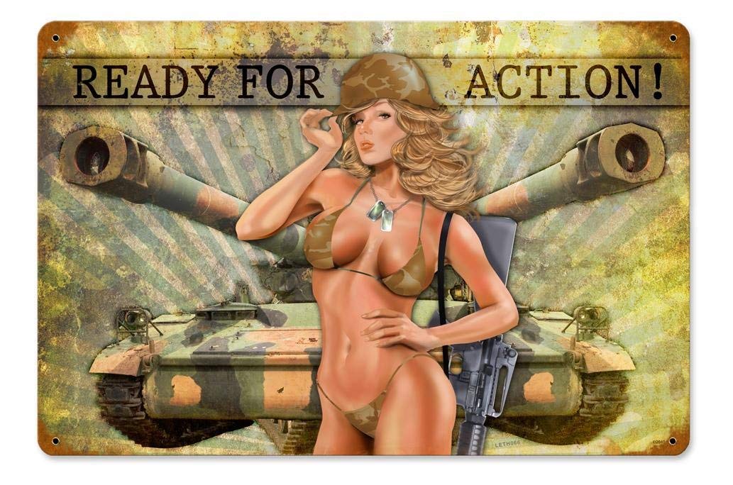 Ready for Action Pinup Girls Vintage Metal Sign - Victory Vintage Signs TIN Sign 7.8X11.8 INCH