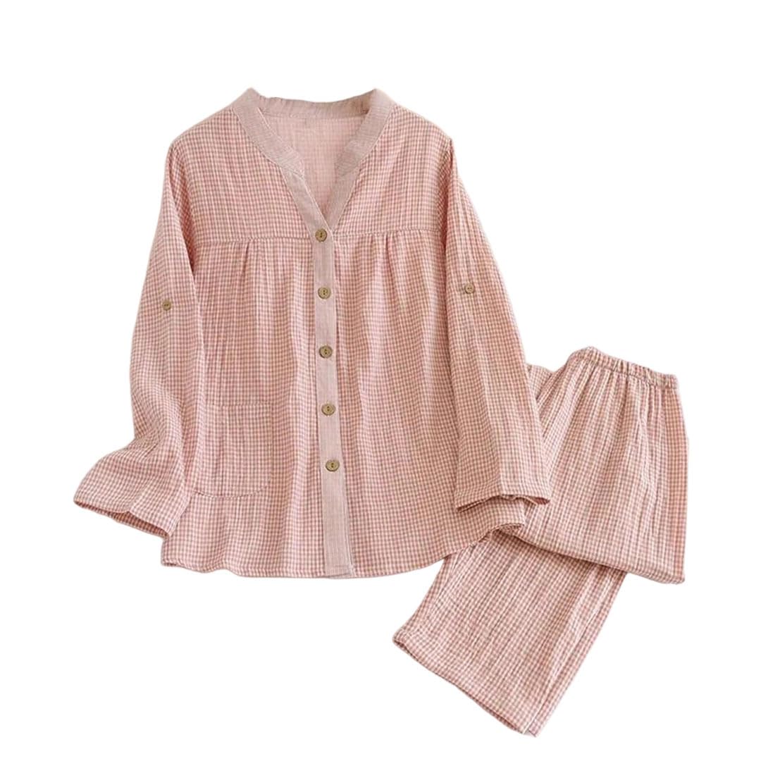 Conjunto de pijama de gasa para mujer, pantalones de manga larga a cuadros, ropa de casa de dos piezas