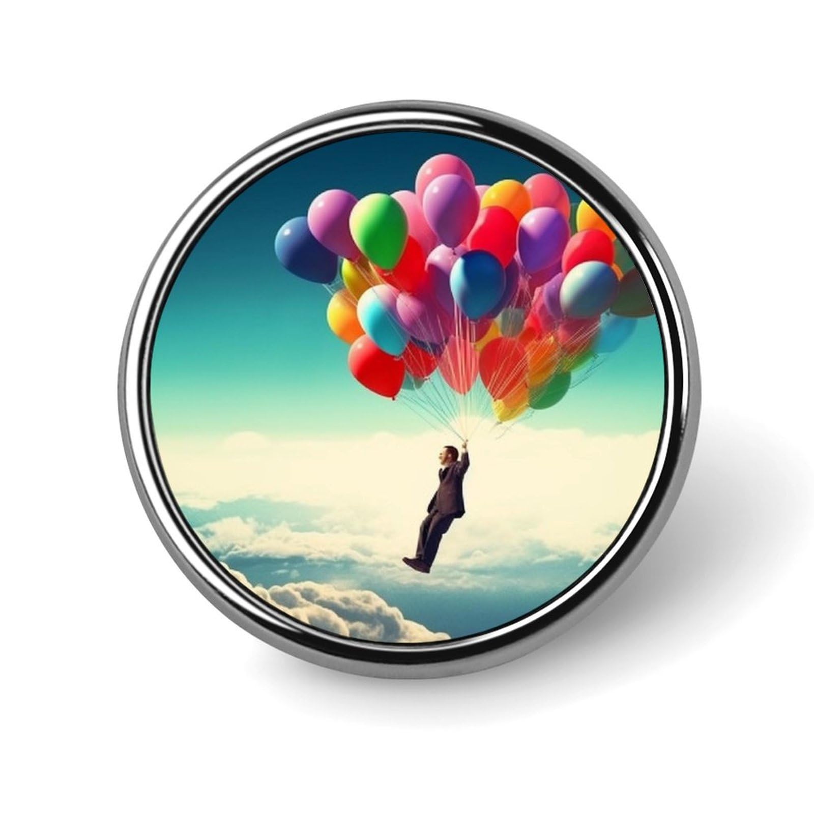 Aluminium Alloy Round Badge Brooch Pins for Men Man Flying with Colorful Balloons Brooches Elegant Pin for Women Fashion Button Badges Brooch Badge for Hats Jackets Shirts