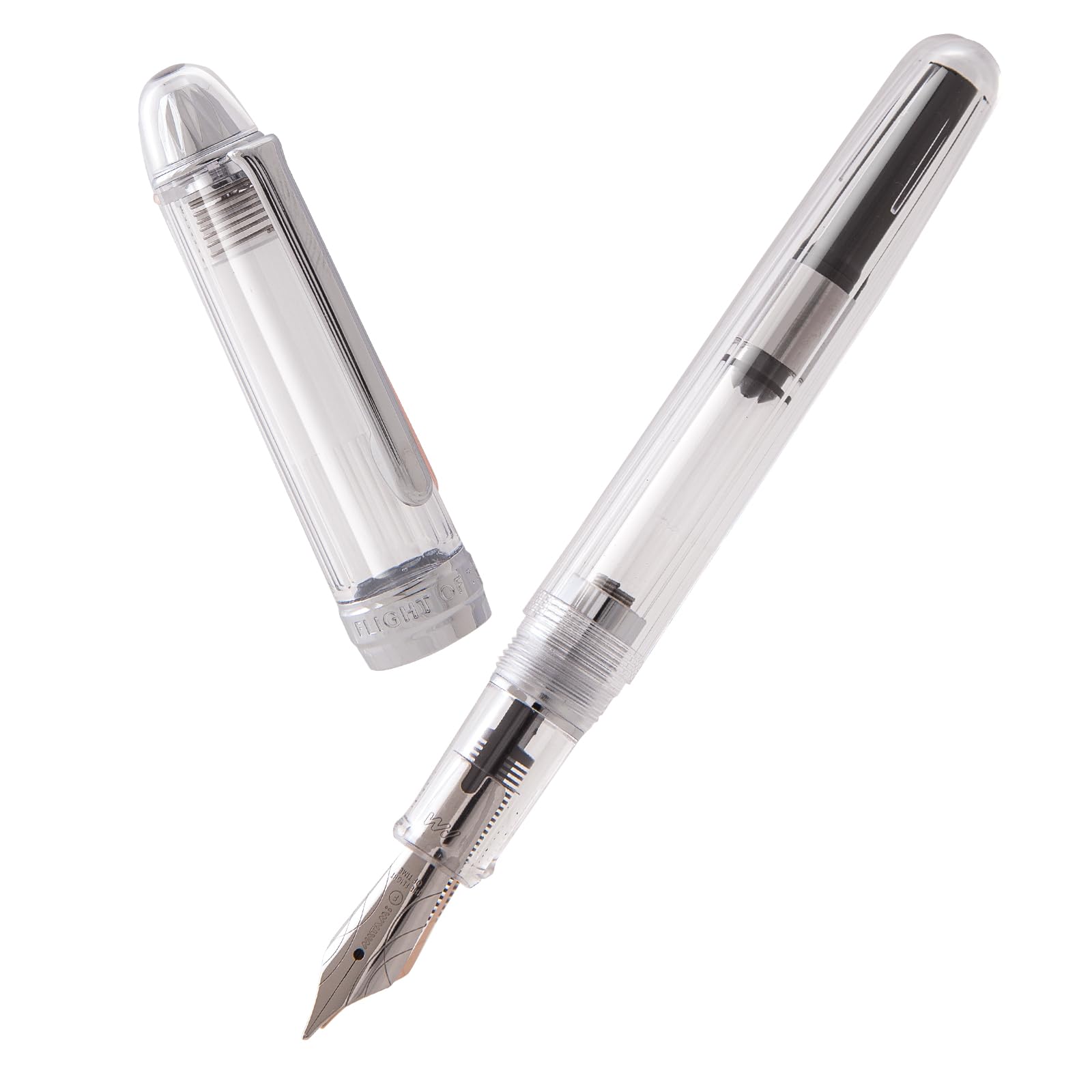 Natami Pluma estilográfica de punta fina, transparente, convertidor de tinta transparente, flujo suave, ribete de oro rosa, bolsa de piel para regalo, caligrafía platino (cristal con borde plateado)