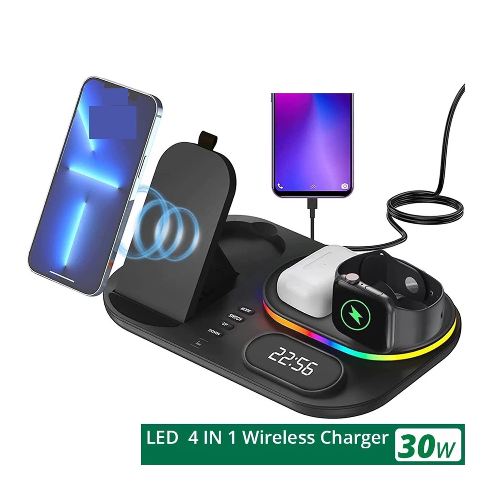 Chargeur sans Fil, Support de Chargeur sans Fil 30W 4 en 1 for Station d'accueil de Charge Rapide de Montre de téléphone(Black with Plug)