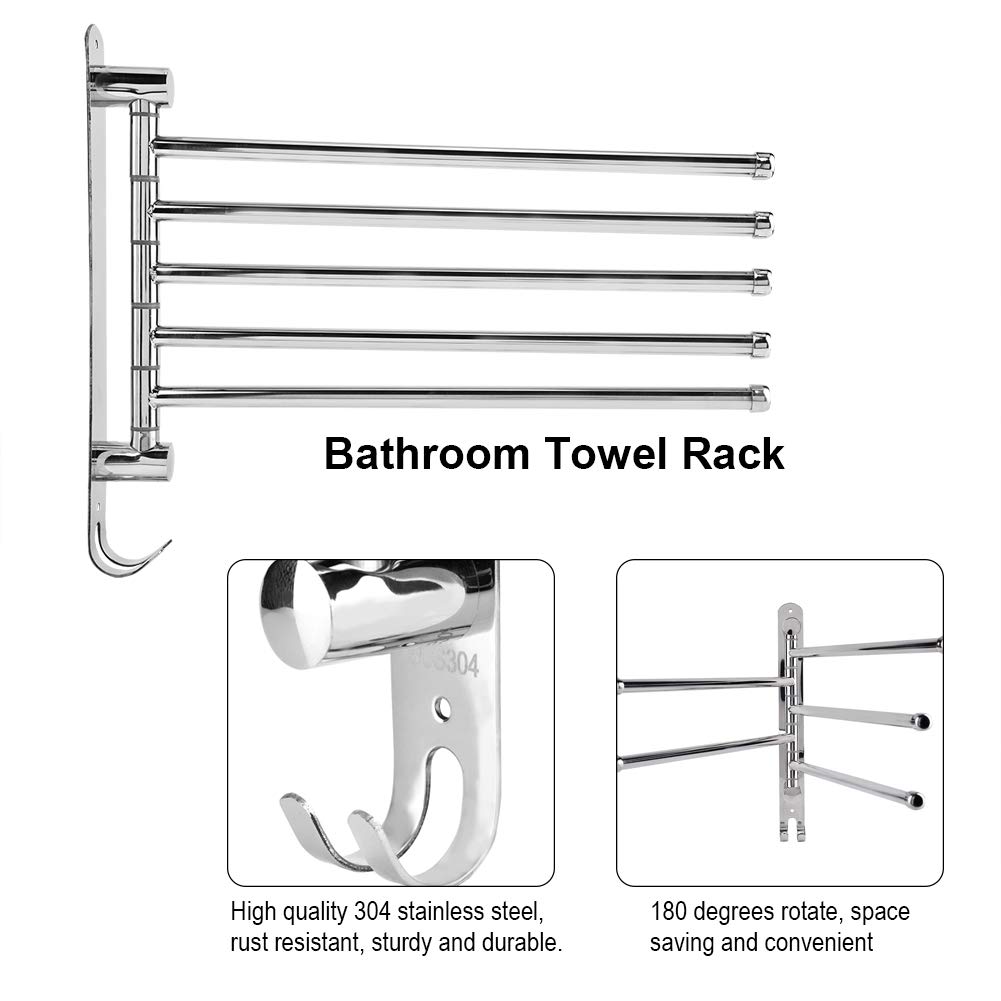 Stainless Steel Swivel Towel Rail - 180° Rotating Arm Holder with 2/3/4/5 Arms, 32.5 Cm for Bathroom (Five) - Image 4