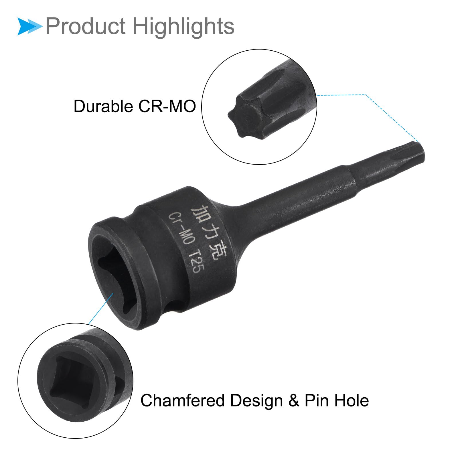 CoCud Impact Torx Bit Socket, T25 3/8" Square Drive 60mm Length, CR-MO Chamfer Design Pin Hole 6 Point Star Socket Bit - Image 4
