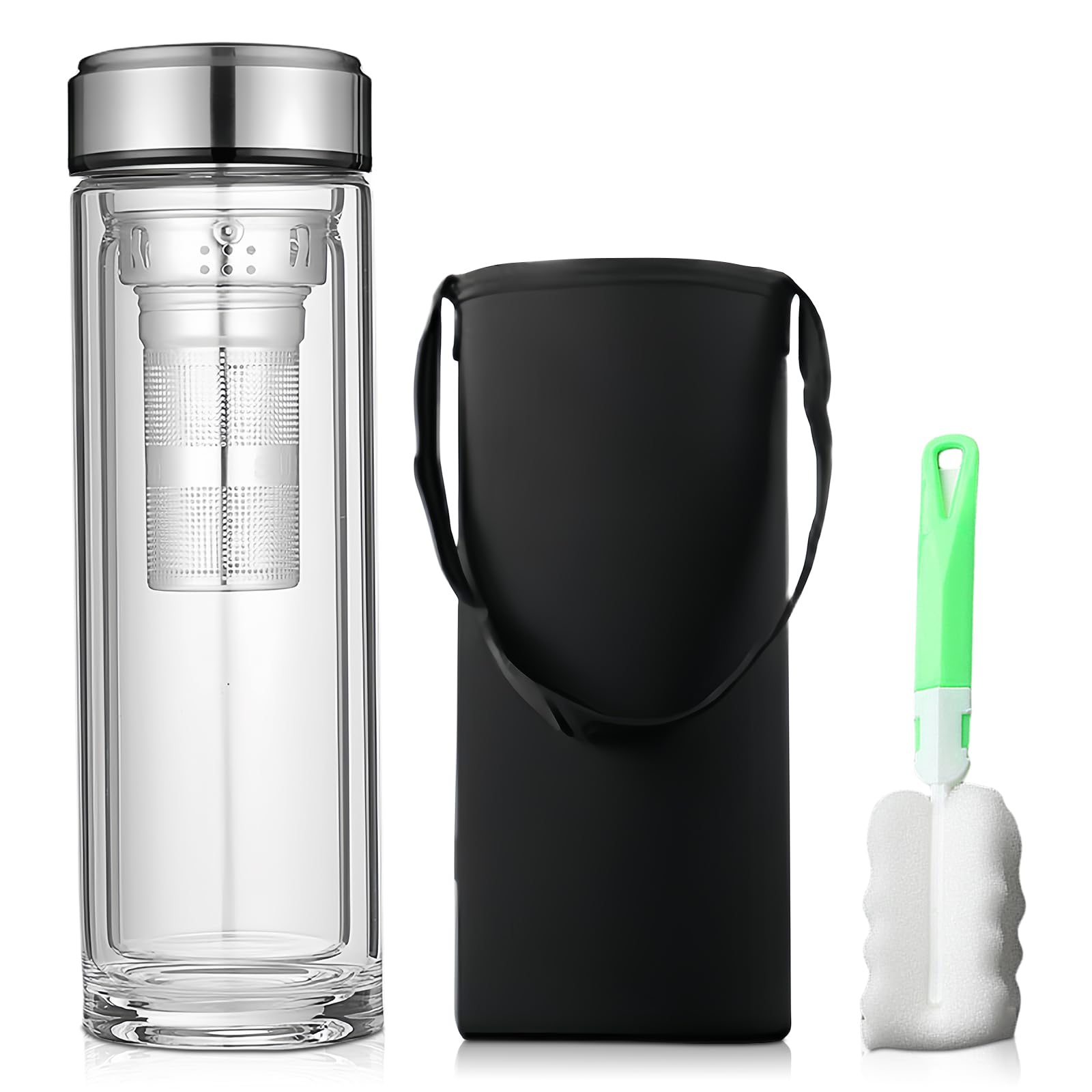 Bouteille à thé 1L double paroi verre avec passoire inox et brosse de nettoyage