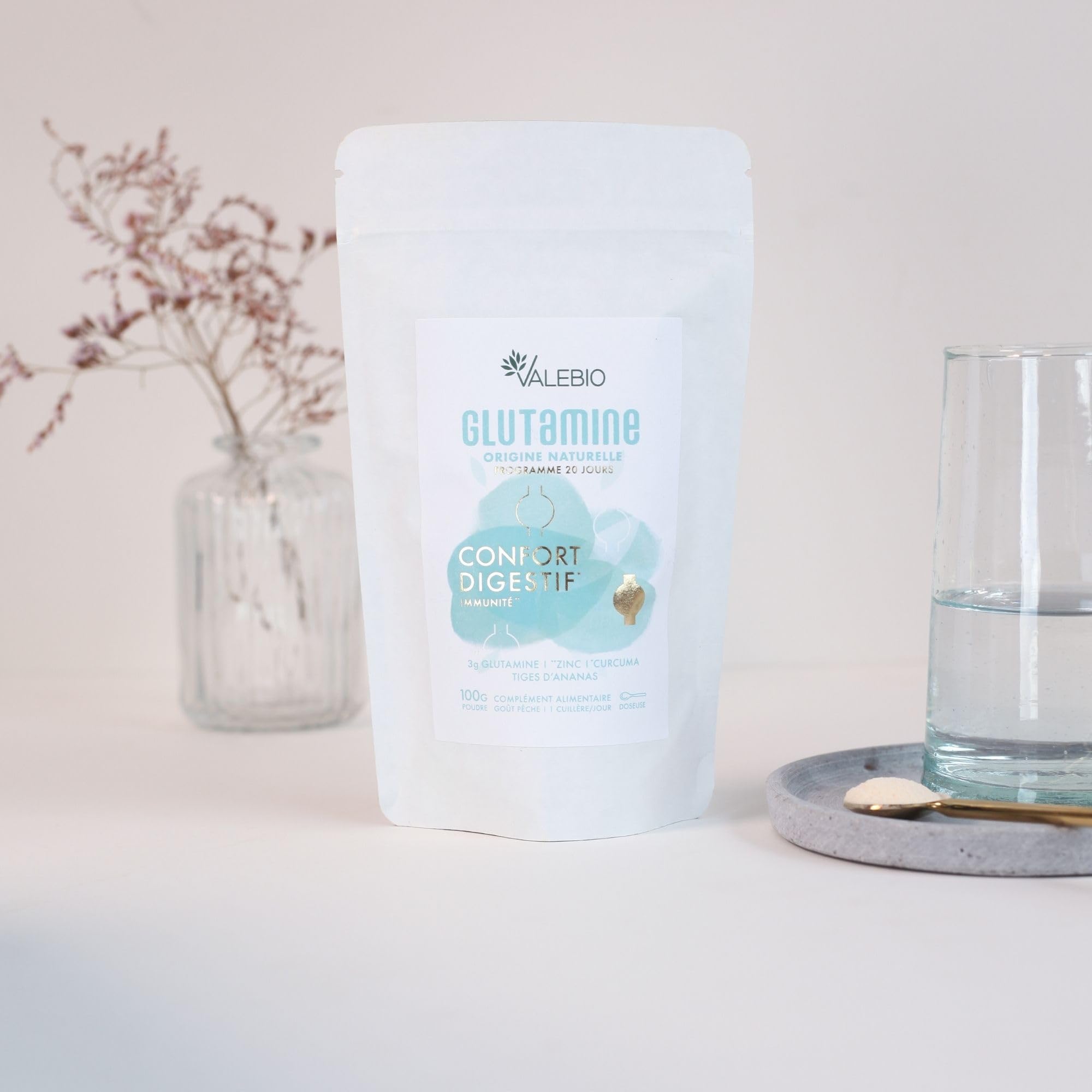 L Glutamine | 3 000mg/dose | Récupération musculaire et santé intestinale | Anti inflammatoire (curcuma & zinc) | Goût pêche, vegan et made in France | 100 g poudre | Valebio