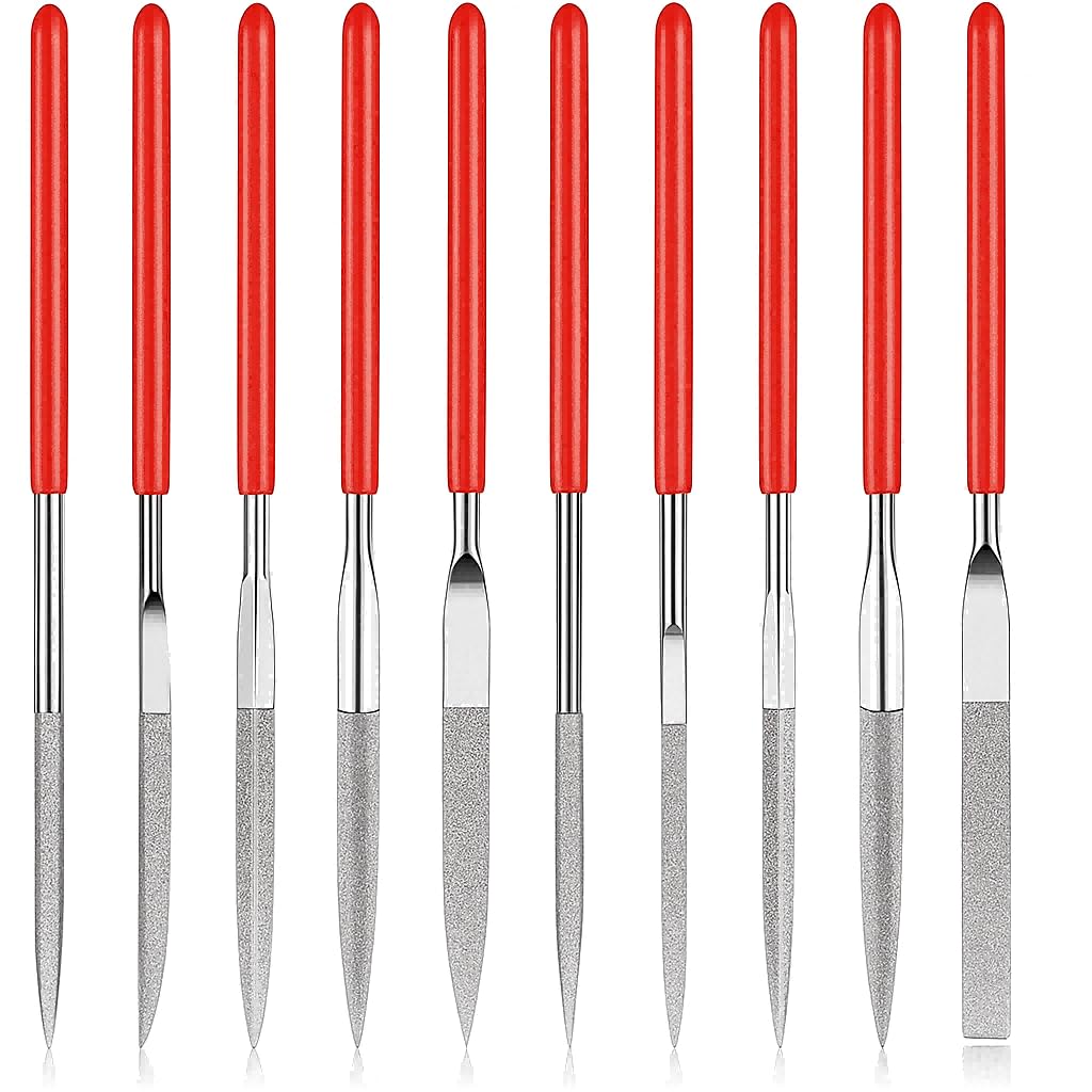 Aestustheri 10 Pcs Mini Diamond Needle Files Set - Precision Mini Modelling File Tool Kit - Round, Flat & Triangular Diamond Files - Ideal For Jewelers, Metal, Resin, Plastic & Miniatures (2 X 100Mm)