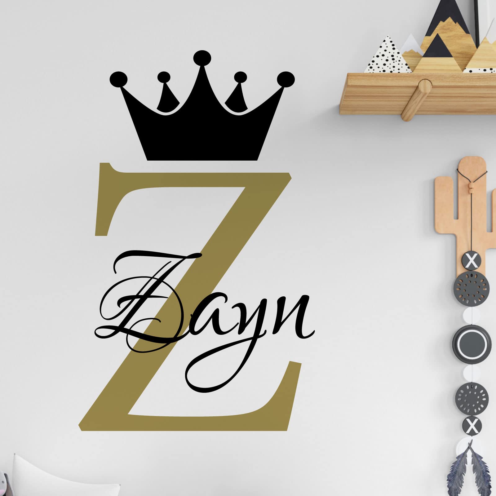 Personalised Name Baby Prince Princess Decal Wall Sticker - Initial Letter Crown [Medium] [Gold]