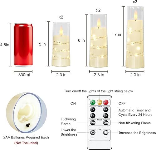 Miniatura 6 de Raycare Velas LED sin llama con cuerda de estrella incrustada, 7 velas de pilar acrílicas a pilas con temporizador y control remoto, parpadeantes