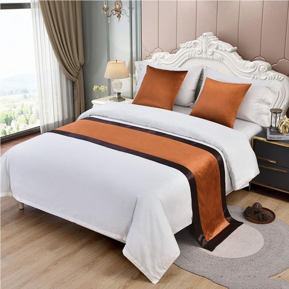 DSAoTeng Bed Runners, Modern Scarf Bedspread Scarves Home Decoration Hotel Bedding Bed Towel Luxury Protection for Bed Cover Single Double Super King Size (Stitching Orange,50x260cm for 200cm bed)