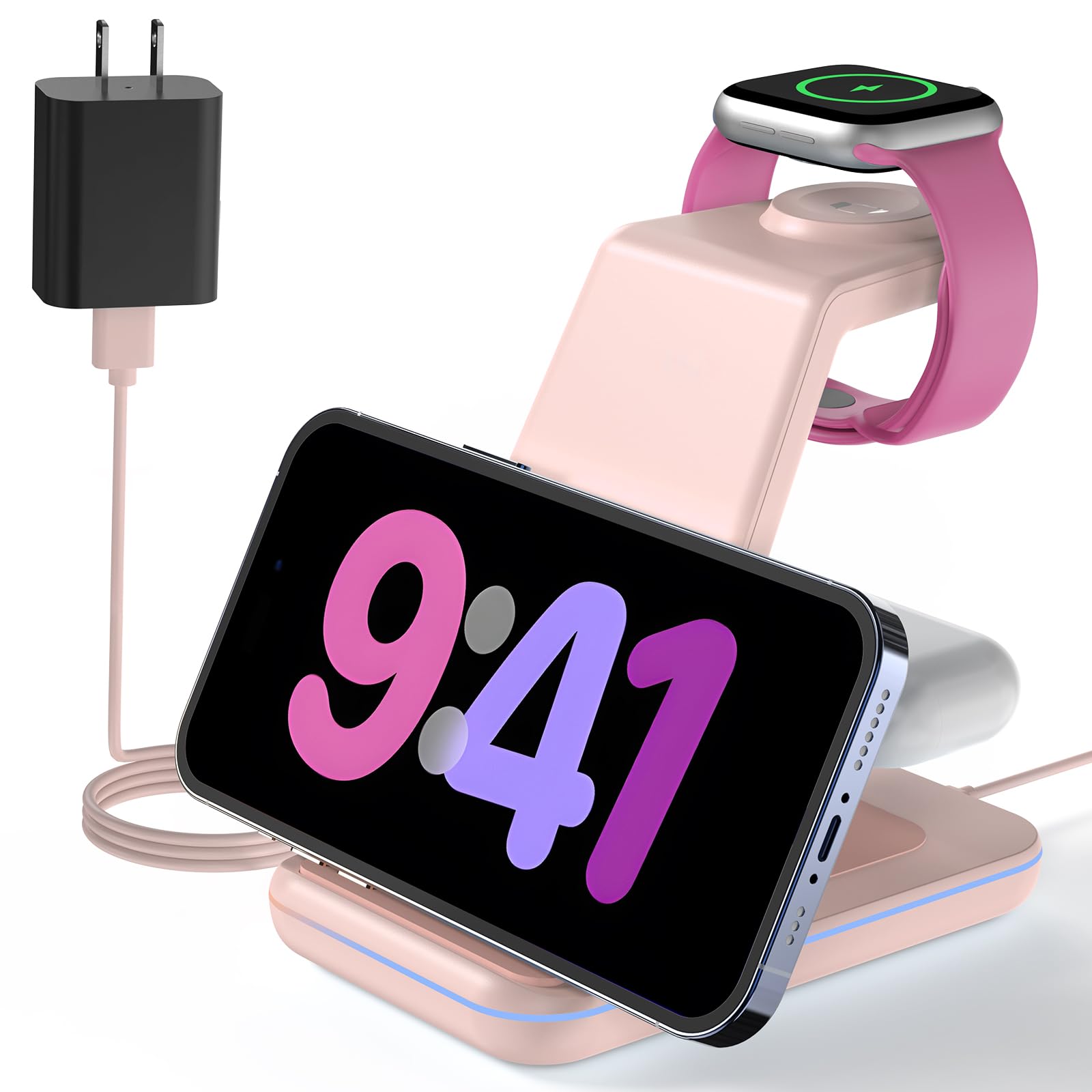 Charging Station for Apple Wireless Charger: 3 in 1 Phone Charger Stand for iPhone 17 16 15 14 13 12 11 SE X Pro Max Plus - Apple Watch Ultra 11 10 9 8 SE 7 6 5 4 3 - Air-Pods 2 3 Pro