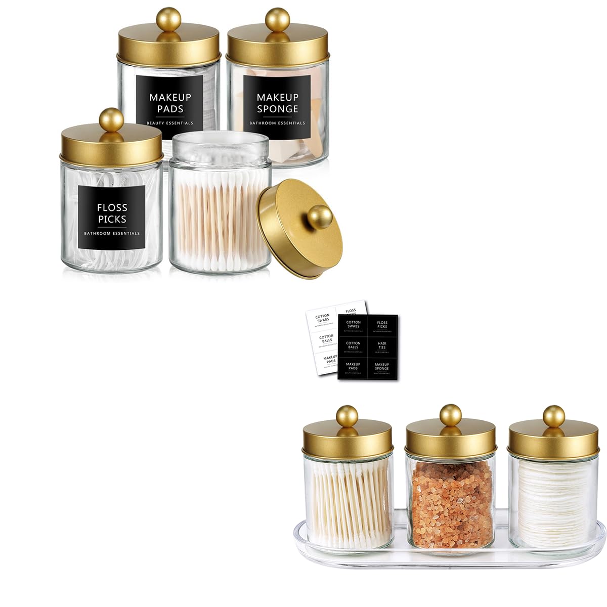 SheeChung Qtip Dispenser Holder Glass apothecary jars with Acrylic Vanity Tray Countertop Canister Guest Bathroom Essentials Storage Organizer