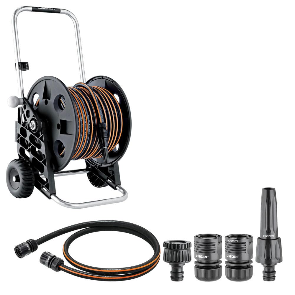 Claber Kit Pronto 30, ręczny zwijacz węża ogrodowego z tworzywa sztucznego i aluminium z wężem i lancą