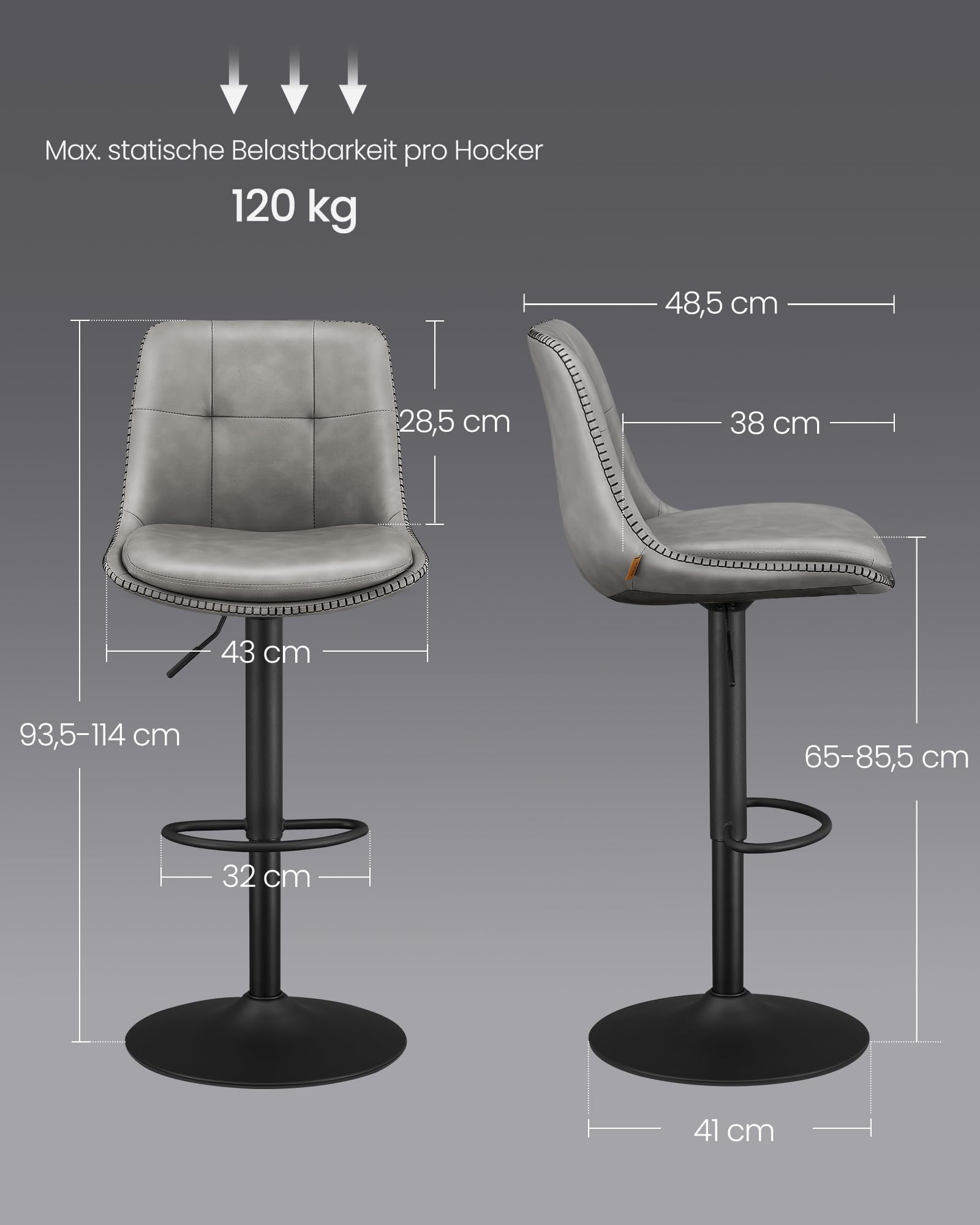 VASAGLE Barhocker 2er Set, Barstühle höhenverstellbar, drehbare Küchenhocker, PU-Bezug, mit Rückenlehne und Fußstütze, Esszimmer, Theke, Stahl, höhenverstellbar 65-85,5 cm, grau-Mattschwarz LJB095G01