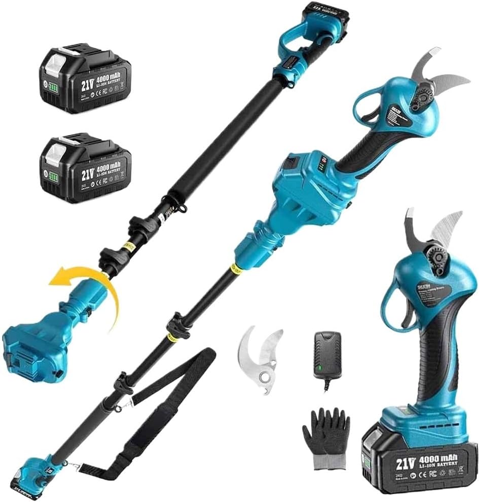 Seesii 2-in-1 33mm Brushless Electric Scissors w/4.9-9FT Telescopic Pole Cordless Pruning Garden Care for 18V battery pin(With pole 2X2.0Ah)