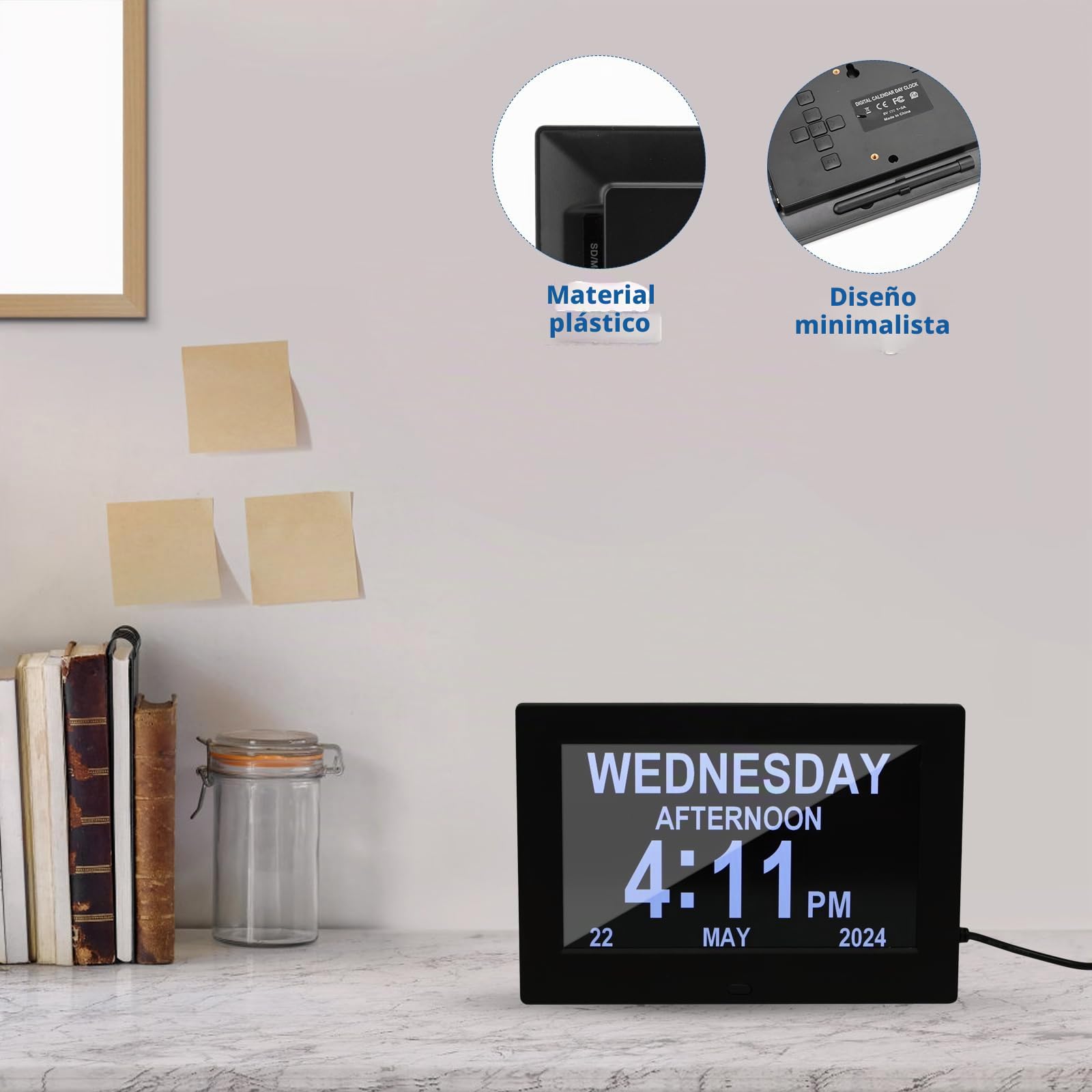 ALLOMN Gran reloj digital con calendario de día, reloj de 7 pulgadas con día y fecha para personas mayores, reloj de Alzheimer con 12 opciones de alarma para personas mayores, personas con