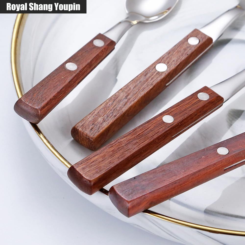 Solid Wood Handle Kitchen Stainless Steel Silverware Tableware Flatware Cutlery Knives Forks Spoons Set Home Steak Knife Dessert Spoon (B,20 pieces)