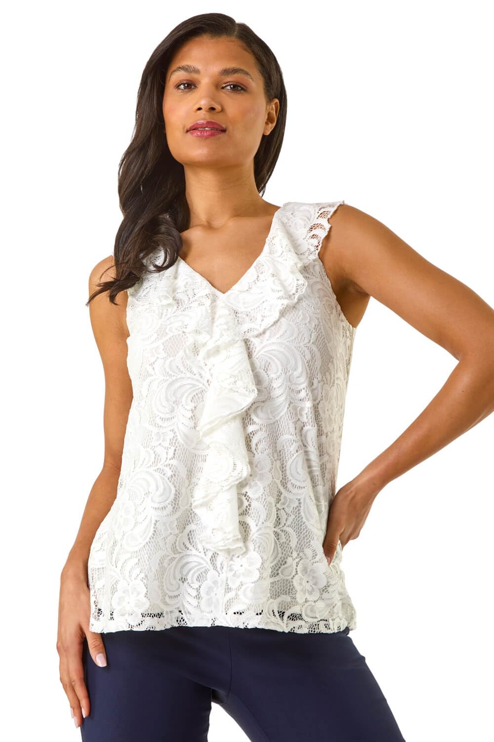 Roman Originals Women's Ivory Lace Roman Frill Front Vest Top Ruffle Blouse Summer Spring Special Occasion Evening Holiday Cruise Cocktail Party Short Long Sleeve Sleeveless V-Neck - Size 12