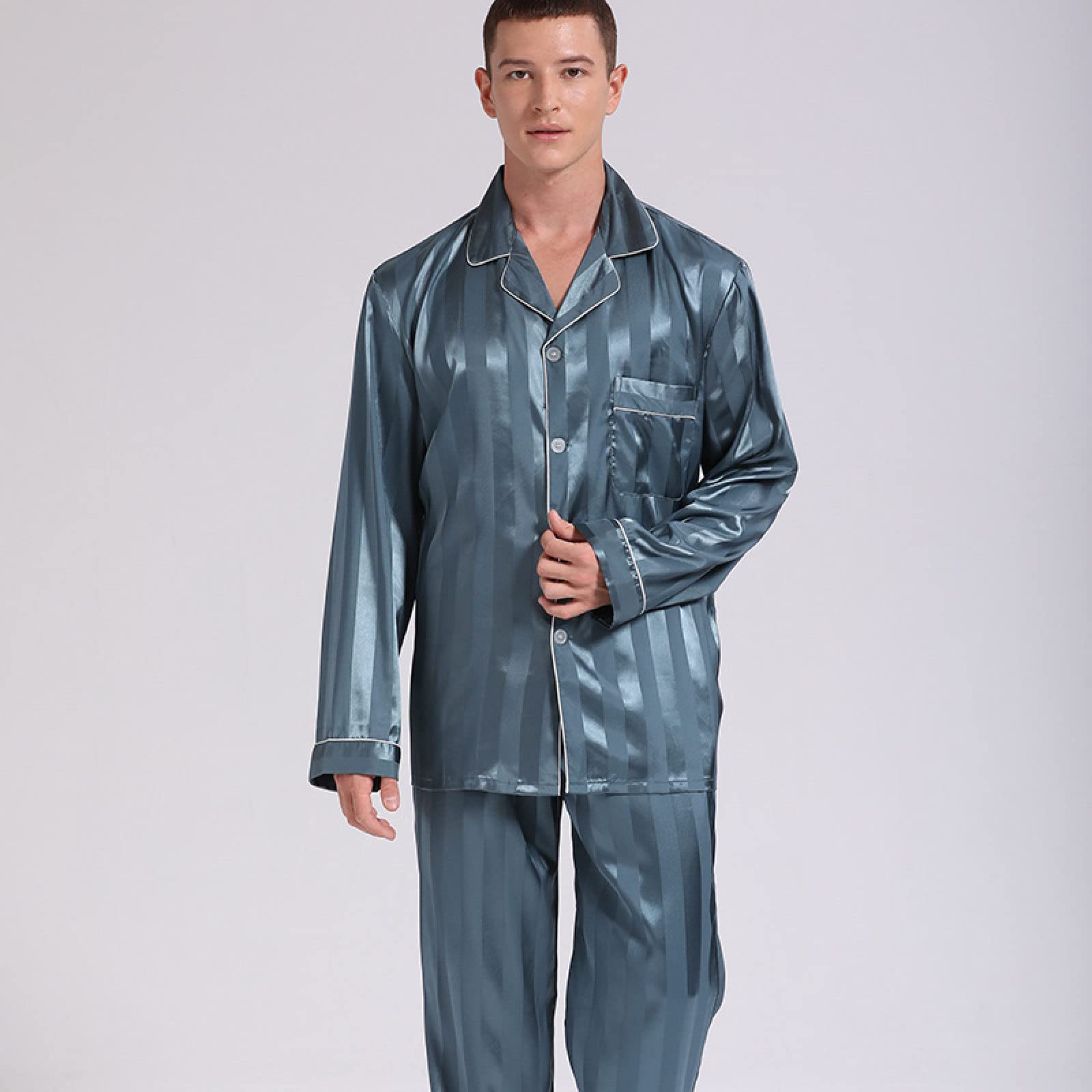Mens Plus Size Satin Pajamas - Long-Sleeved Silk Pajamas Set,Spring And Summermen Striped Design Men Cute Pajama Mens Pajamas,Soft Jogging Homewear For Adults Outfits Suit