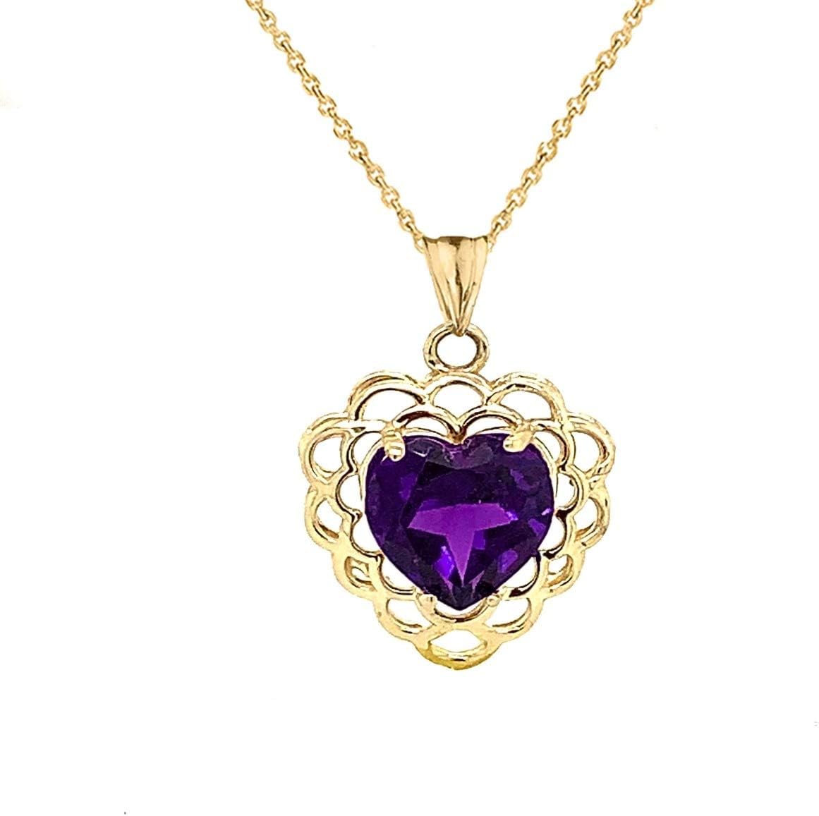 Certified 10k Gold Genuine Amethyst Filigree Heart-Shaped Pendant Necklace