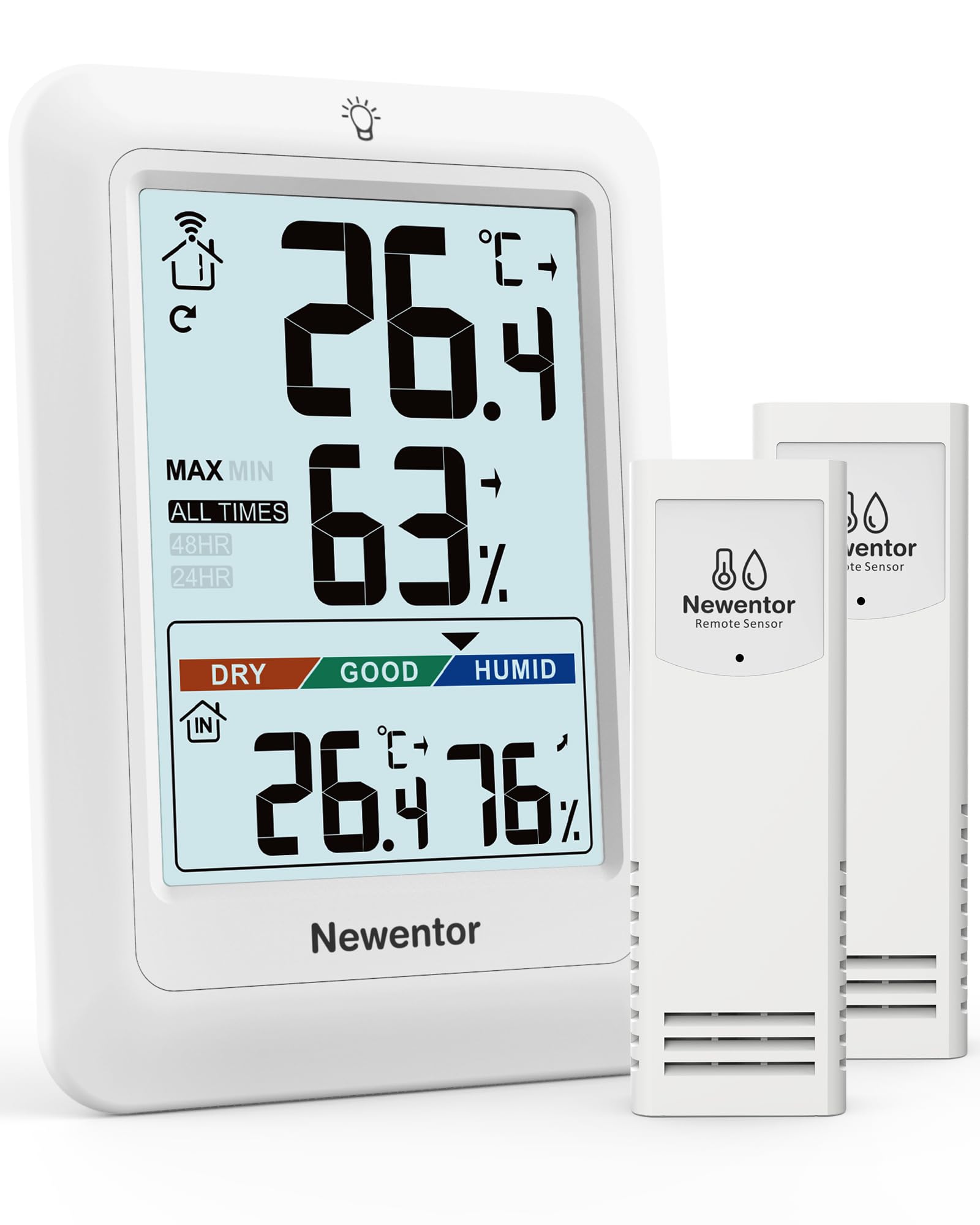 Newentor MAX MIN Thermometer innen außen 24/48 Std./alle Zeiten - Hygrometer Innen mit Luftkomfort - Wetterstation Funk mit Außensensor - Raumthermometer mit Beleuchtung, Weiß, 2*Außensensor