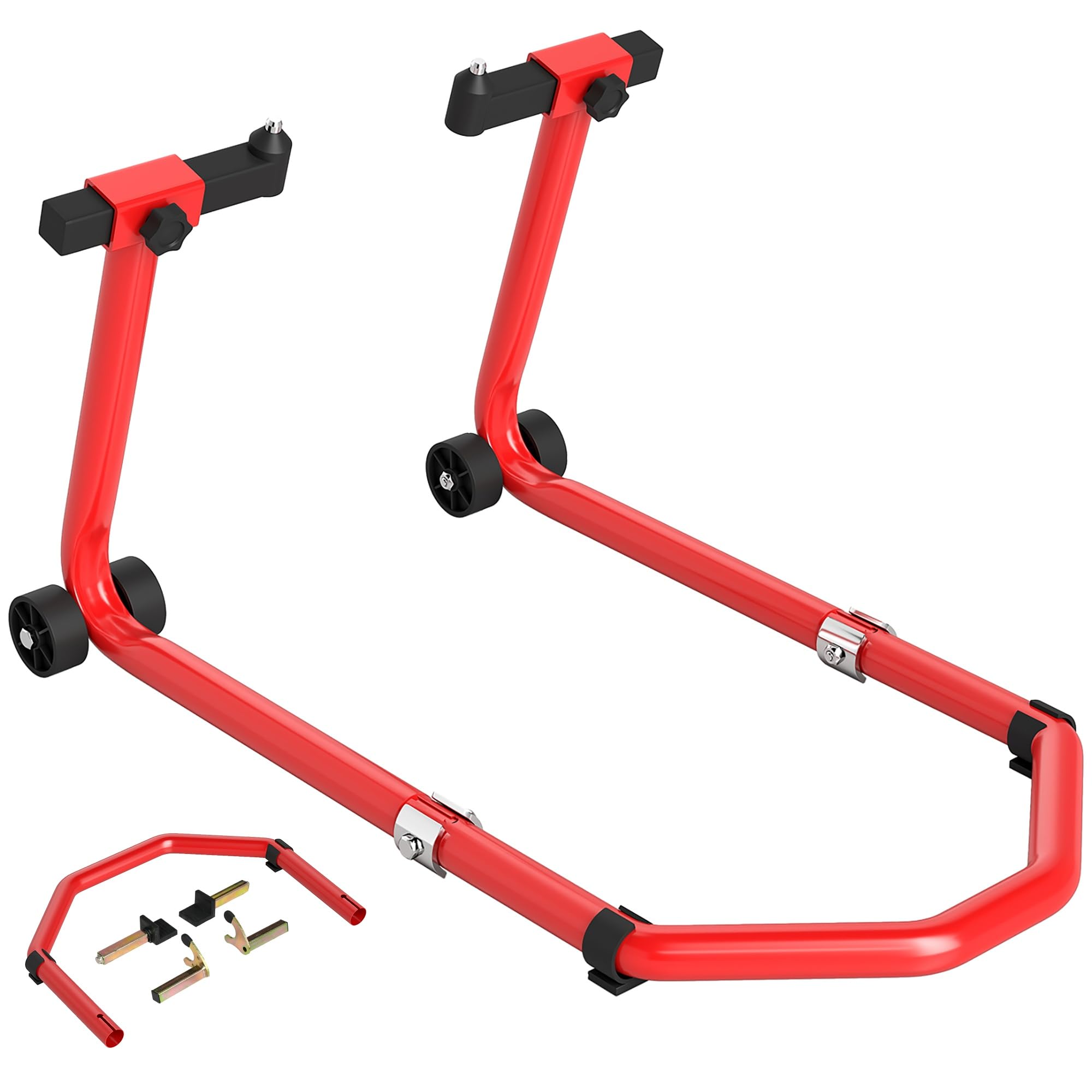 HOMCOM Cavalletto Moto Convertibile Anteriore Posteriore con Forcelle a U e L Supporto per Moto Regolabile Portata 390 kg dotato di Rotelle e Cuscinetti Antiscivolo per Officina e Garage Rosso