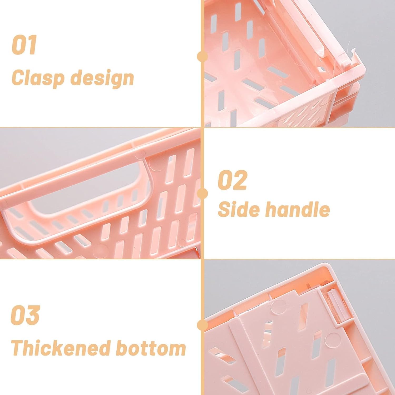 Cestas de Almacenaje Plegables Apilables con Asas Ocultas (3 Uds), Cajas Organizadoras de Plástico PP 15×9,8×5,8 cm para Cocina, Baño y Cajones Uryxery