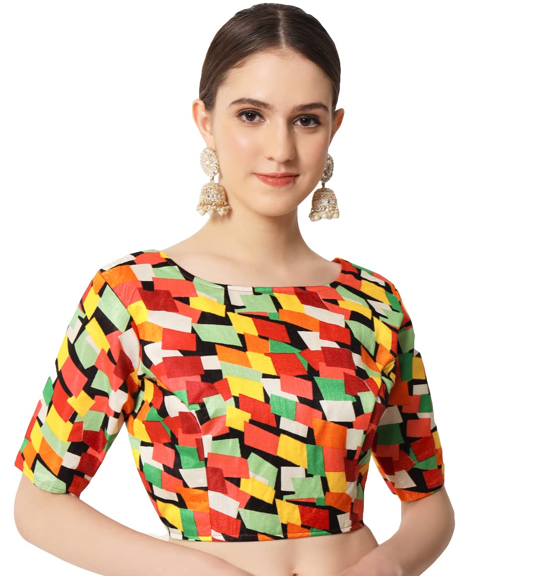 Pujia Mills Women's Blouse Printed Blouse Elbow Length Boat Neck Blouse Readymade Blouse Saree Blouse (Abstact Orange 38) (40)