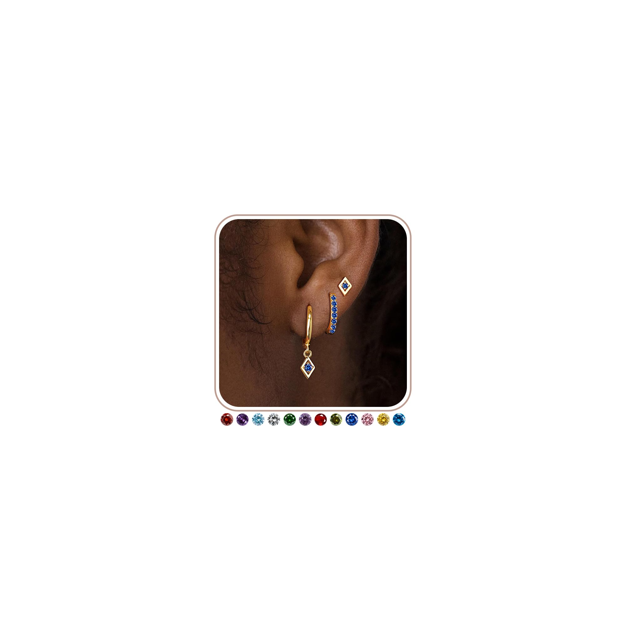 3 pairs Stud Gold Hoop Earrings for Women, Dainty 14K Gold Plated Birthstone Zirconia Earring Hypoallergenic Dangle Huggie Diamond Cartilage Helix Piercing Earrings Set Jewelry for Women Gifts