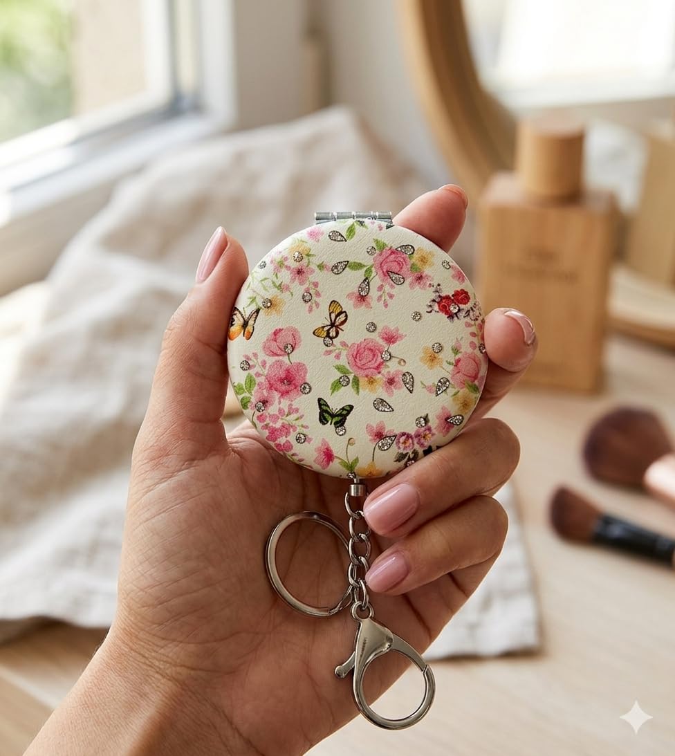 Compact Magnifying Mirror with Keychain, Floral High Heel Design, Round Foldable Pocket Mirror with Double Mirror, Metal Body, Leather Finishing-image-8