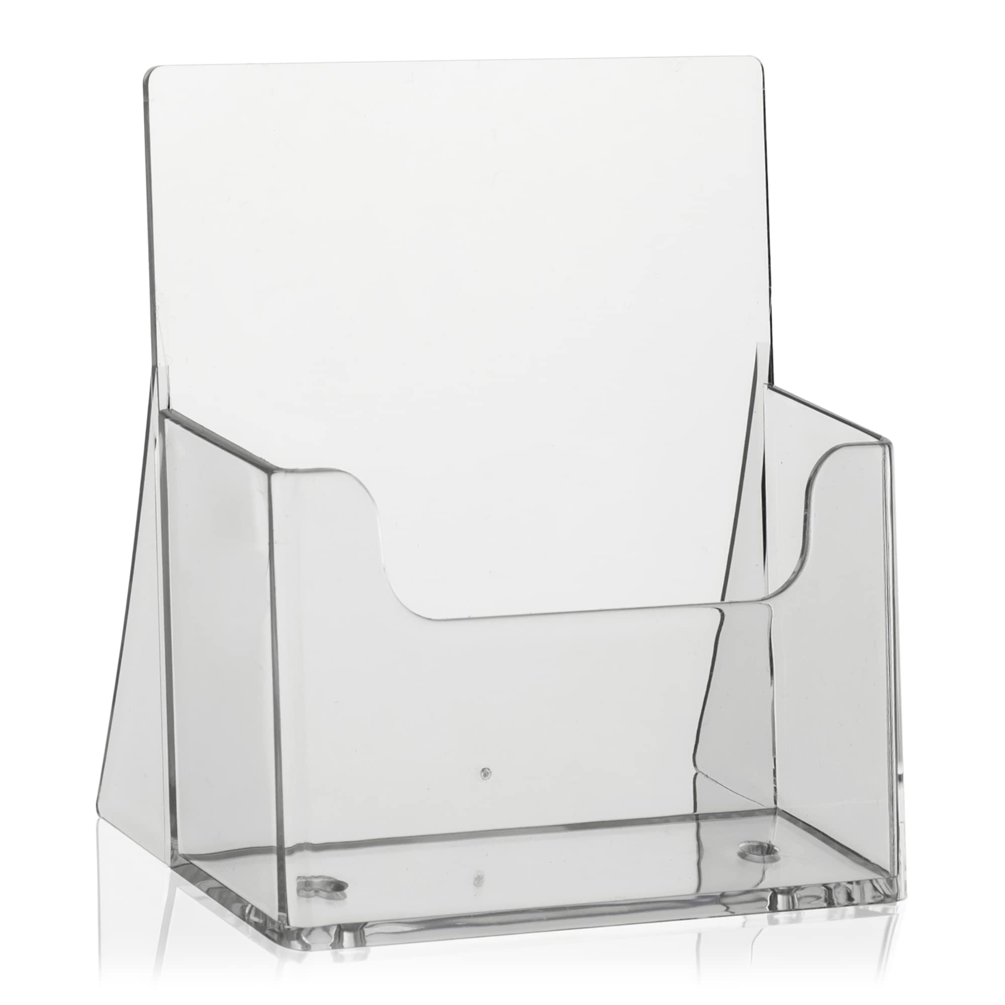 10 Stk. DIN A6 Tisch-Prospektständer für Flyer und Prospekte als praktischer Postkarten-Aufsteller im Hochformat. Transparenter VITAdisplays Flyerständer als Prospekthalter für ihre gedruckte Werbung.