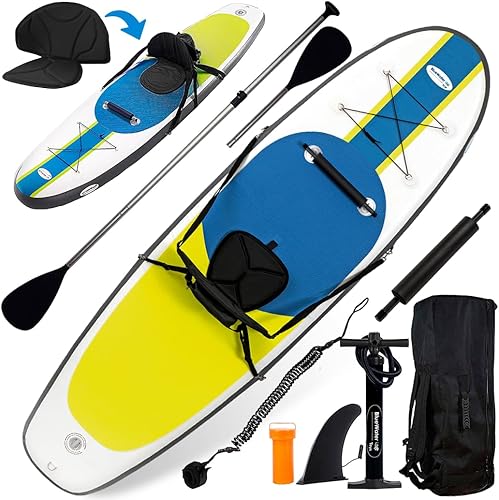 Blue Water Toys Inflatable Crossover Stand Up Paddle BoardKayak Kit - Pump, Backpack, Coil Leash, Paddles, Detachable Seat, SUP 300 Pound Limit, 10