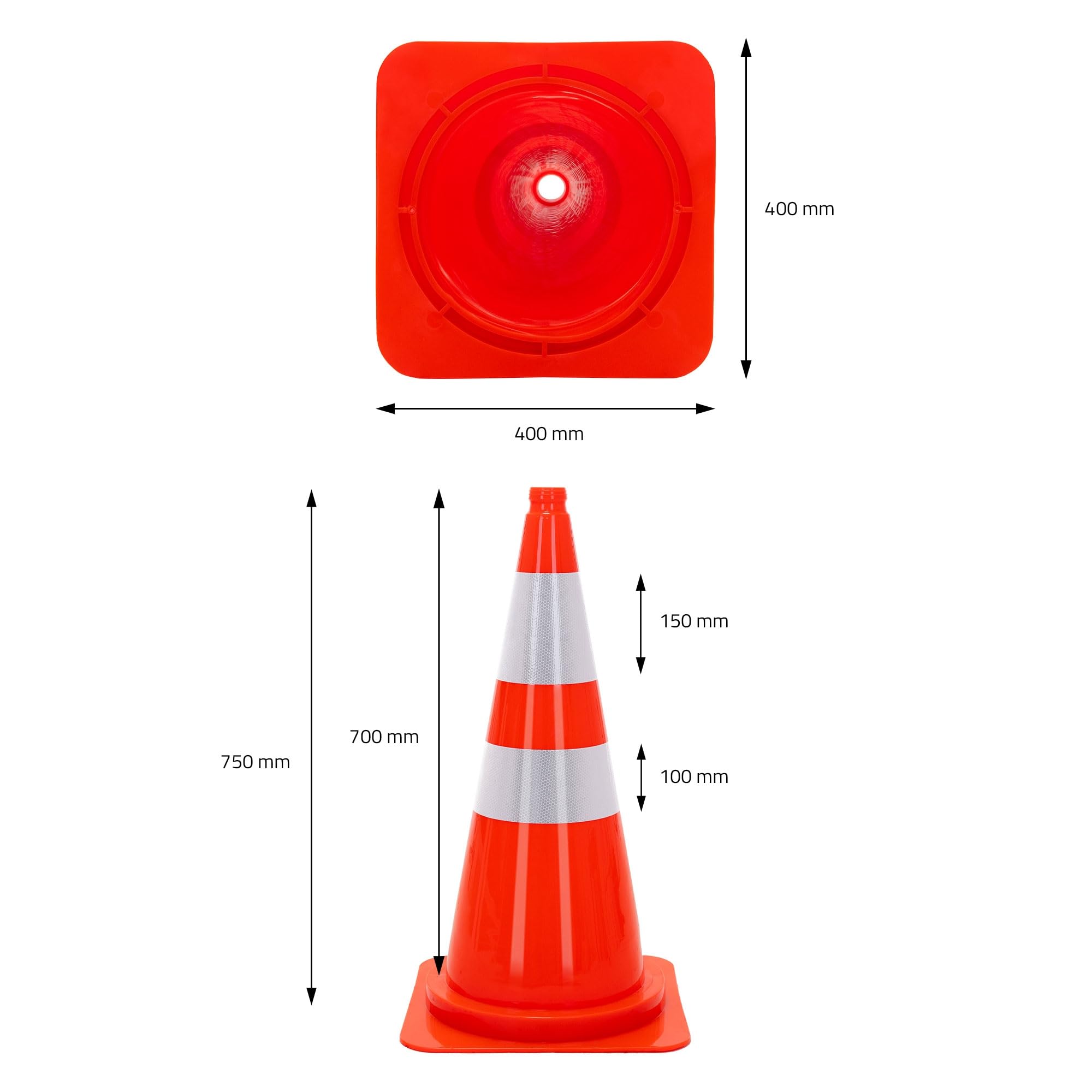 ECD Germany 3x Conos de Señalización 75 cm, Pilón de Tráfico Apliable Naranja con 2 Bandas Reflectantes y Muesca para el Dedo, Pieza Robusta para Advertencia de Seguridad, Emergencia, Entrenamiento
