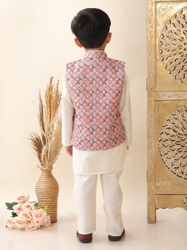 Image of superminis Boys Cotton Printed Full Sleeves Kurta Pyjama with Jacket Ethnic Wear Set
