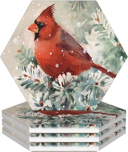 Juego de 4 posavasos cardinales de Navidad para bebidas, diseño de acebo, de cerámica, absorbentes de nieve, para mesa de café, bar, cerveza,