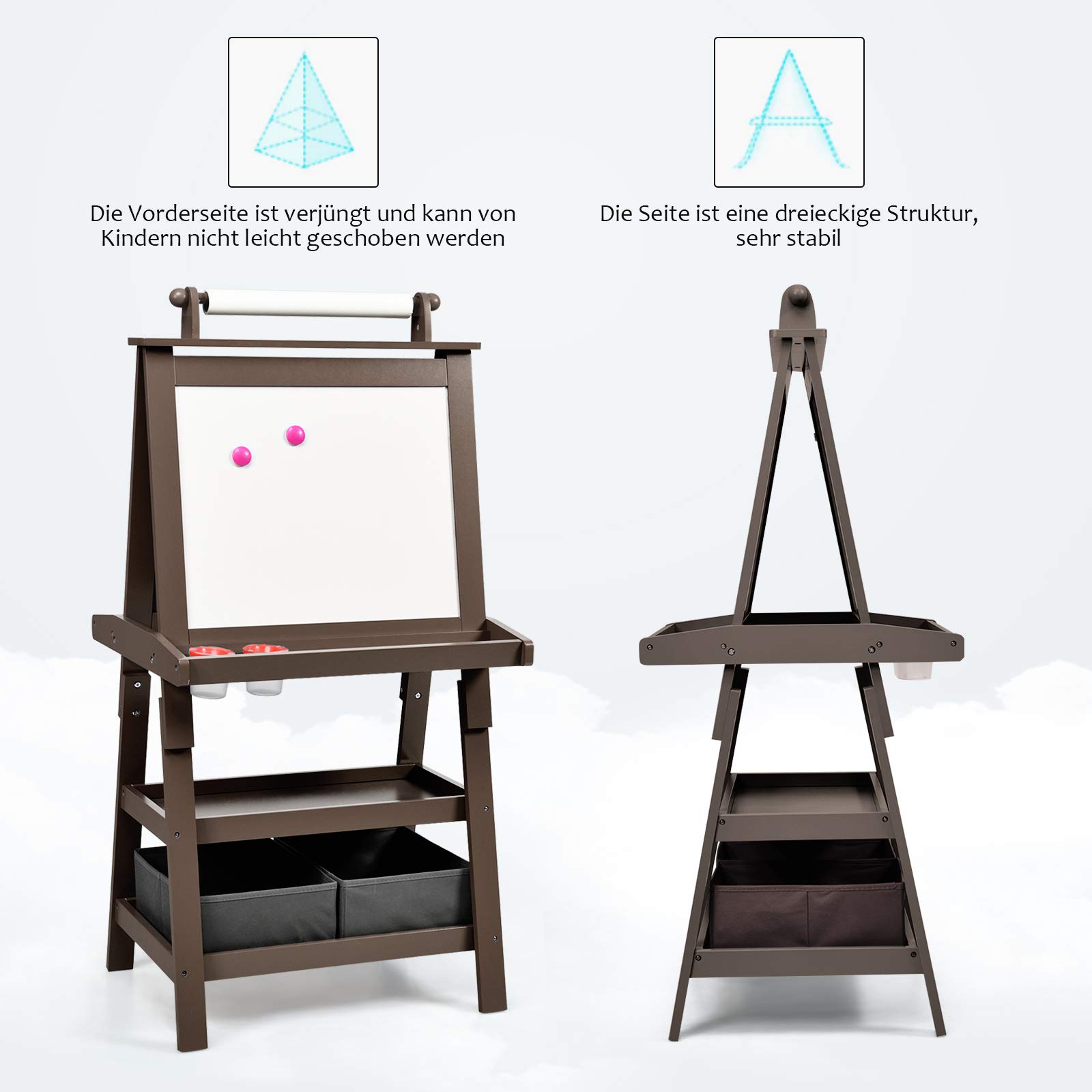 GOPLUS 3 in 1 Standtafel für Kinder, Magnetisches Whiteboard & Kreidetafel, Doppelseitiger Staffelei mit Aufbewahrungsbox, Maltafel, Schreibtafel, Kindertafel ink. Malpapier und Magneten (Braun)
