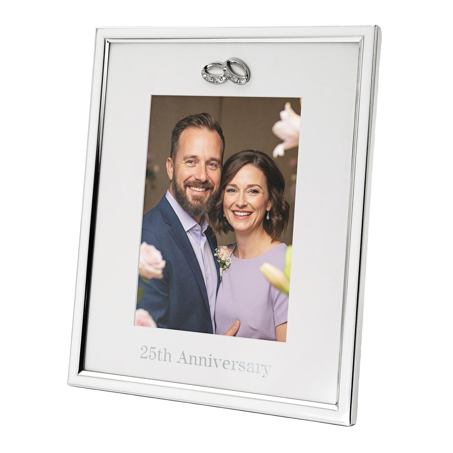 Happy Homewares Silver Modern 25Th Anniversary Plated 5X7 Picture Frame With Double Diamante Rings | For Wall Or Table | Foil Lettering