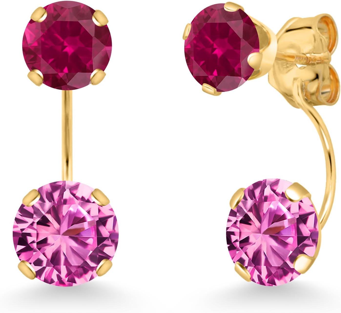 Gem Stone King 14K Yellow Gold Pink Created Sapphire and Red Created Ruby Stud Earrings for Women | 4.00 Cttw | Gemstone September Birthstone | Round 6MM