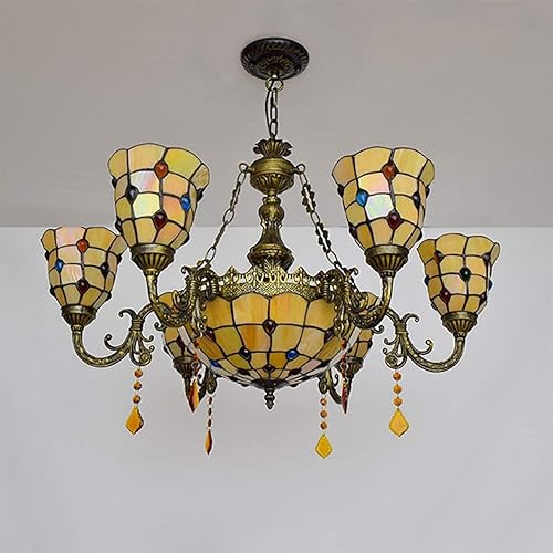 Miniatura 4 de Tiffany - Lámpara de techo con cuentas de cristal, múltiples cabezales, color amarillo mediterráneo, para comedor, sala de estar, villa, pasillo, 6