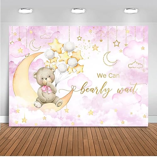 Mocsicka We Can Bearly Wait - Telón de fondo de luna y estrella, oso de nube, decoración de fiesta de baby shower, globo de fondo, oso de estrella